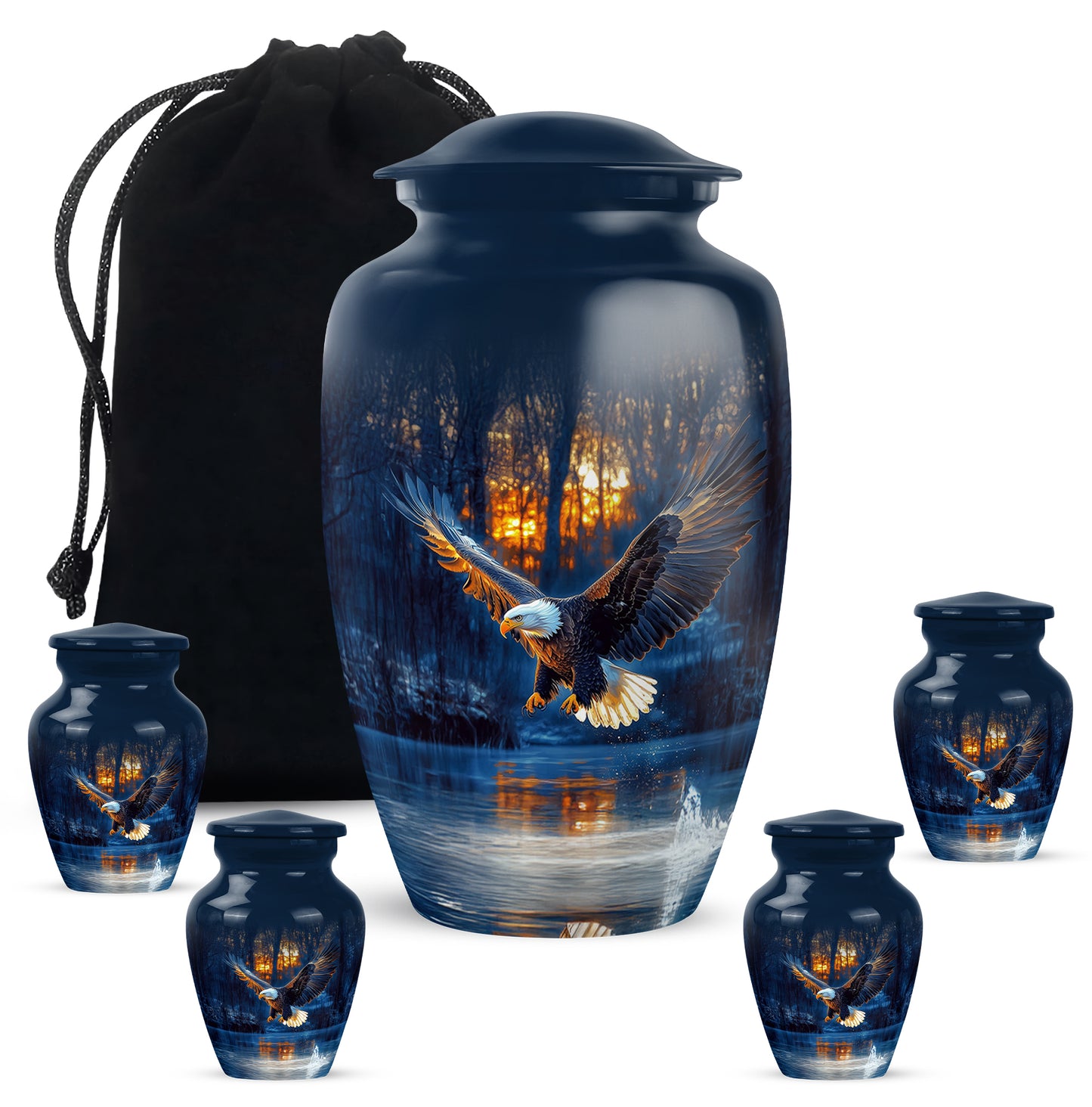 Calming Blue Eagle Cremation Urn top-down view of secure threaded lid - traditional eagle engraving with hand-polished finish - memorial set with one large and four small urns