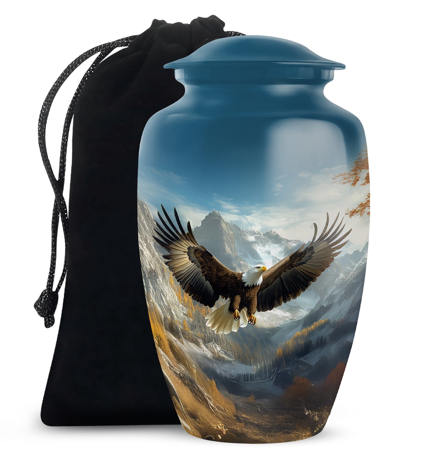 Royal Blue Eagle Cremation Urn angled view of lid and engraved motif - traditional eagle engraving with hand-polished finish - full-size 10 inch 200 cubic inch adult cremation urn