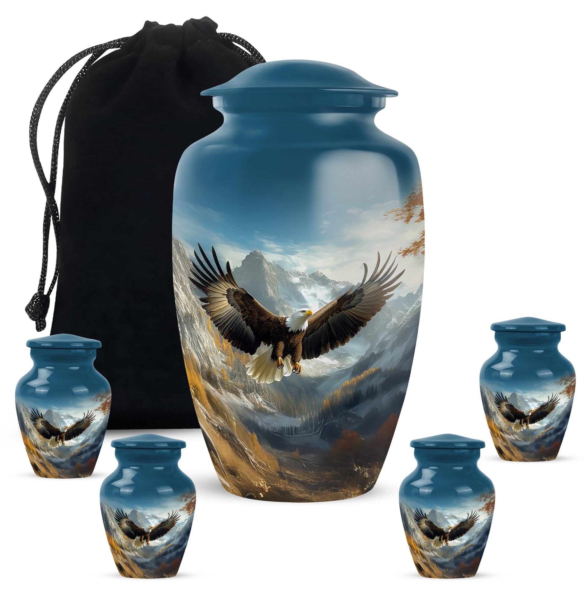 Royal Blue Eagle Cremation Urn top-down view of secure threaded lid - elegant classic eagle relief with fine detailing - memorial set with one large and four small urns