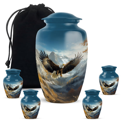 Royal Blue Eagle Cremation Urn top-down view of secure threaded lid - elegant classic eagle relief with fine detailing - memorial set with one large and four small urns