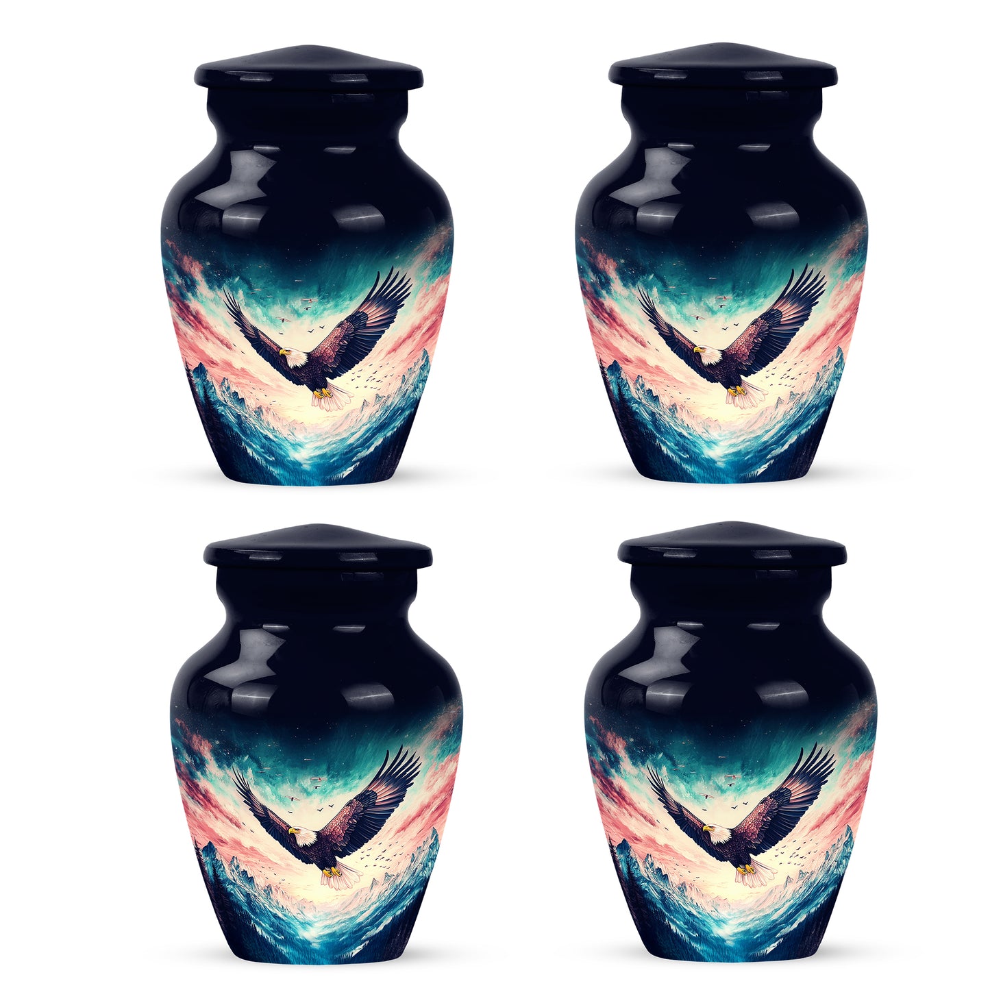 Cobalt Blue Eagle Cremation Urn side profile showing urn shape - elegant classic eagle relief with fine detailing - 10 inch aluminum urn for cremated remains
