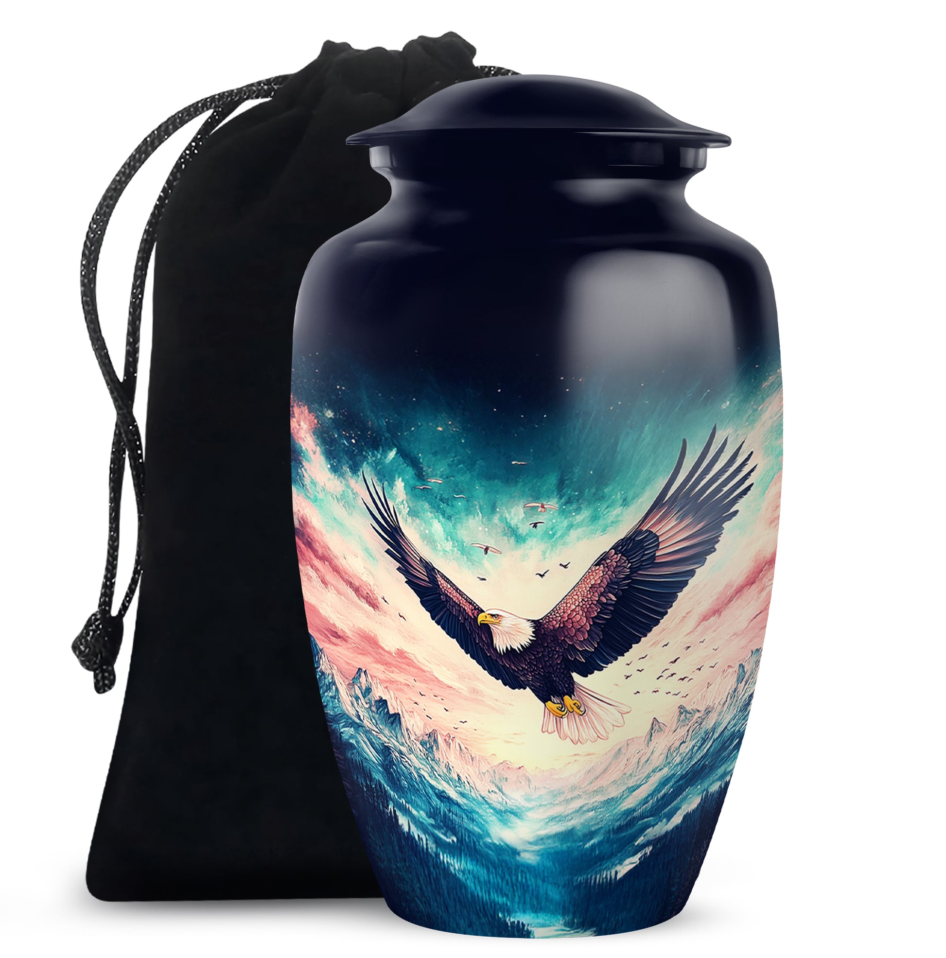 Navy Blue Eagle Cremation Urn angled view of lid and engraved motif - classic sculpted eagle pattern on smooth aluminum - full-size 10 inch 200 cubic inch adult cremation urn