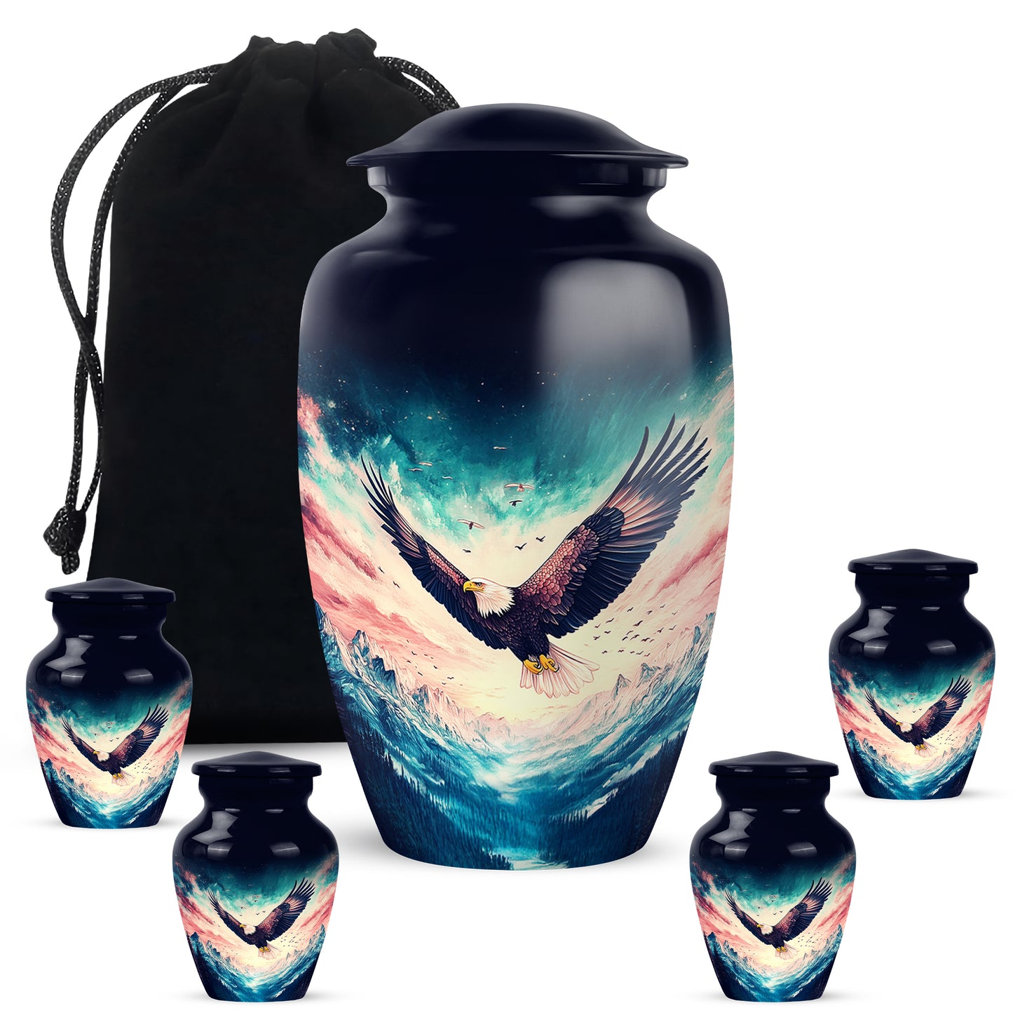 Vivid Blue Eagle Cremation Urn top-down view of secure threaded lid - elegant classic eagle relief with fine detailing - memorial set with one large and four small urns
