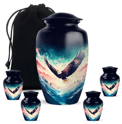 Vivid Blue Eagle Cremation Urn top-down view of secure threaded lid - elegant classic eagle relief with fine detailing - memorial set with one large and four small urns