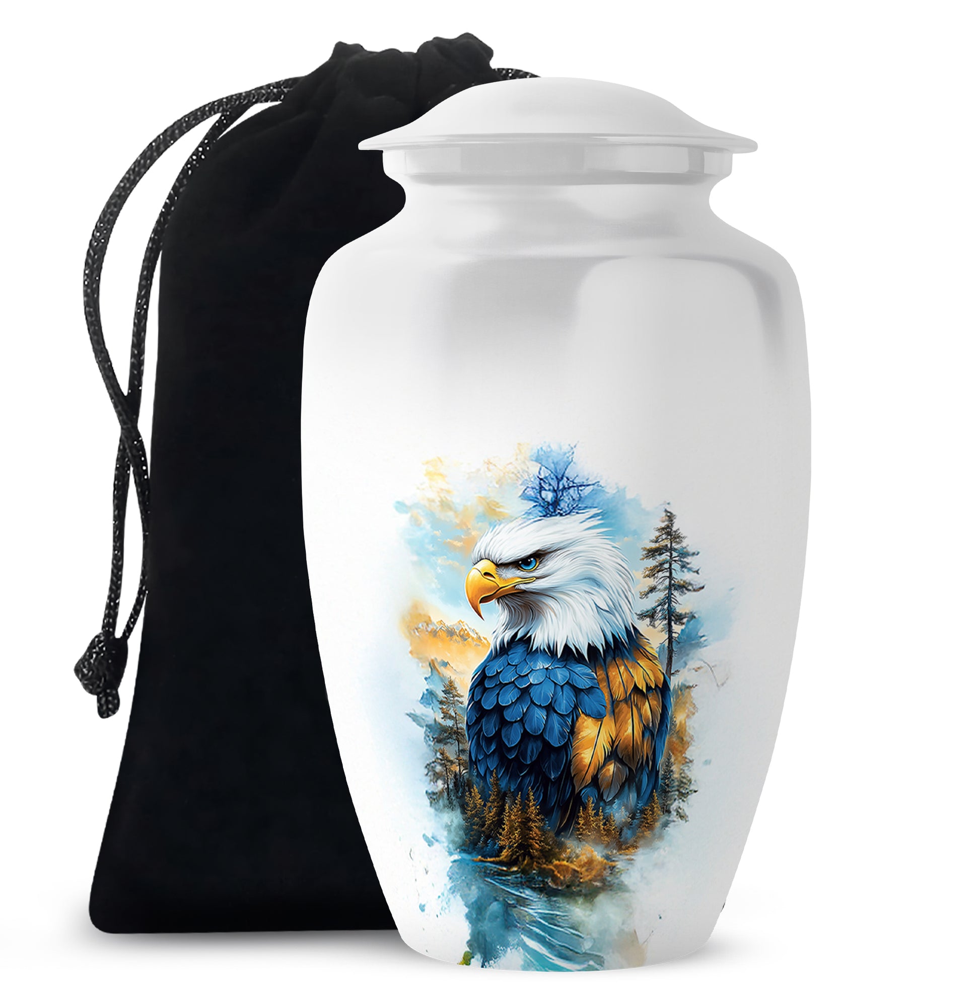 Chrome Silver Eagle Cremation Urn angled view of lid and engraved motif - elegant classic eagle relief with fine detailing - full-size 10 inch 200 cubic inch adult cremation urn