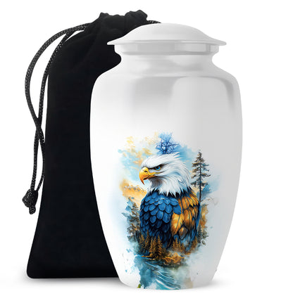 Chrome Silver Eagle Cremation Urn angled view of lid and engraved motif - elegant classic eagle relief with fine detailing - full-size 10 inch 200 cubic inch adult cremation urn