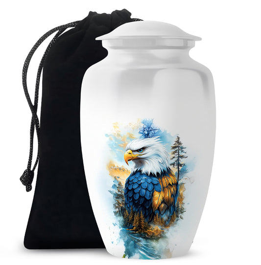 Chrome Silver Eagle Cremation Urn angled view of lid and engraved motif - elegant classic eagle relief with fine detailing - full-size 10 inch 200 cubic inch adult cremation urn