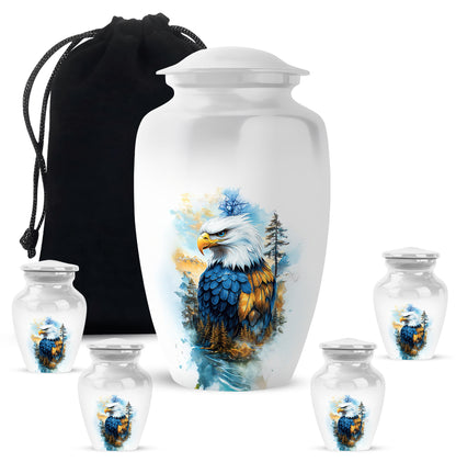 Satin Silver Eagle Cremation Urn top-down view of secure threaded lid - classic sculpted eagle pattern on smooth aluminum - memorial set with one large and four small urns