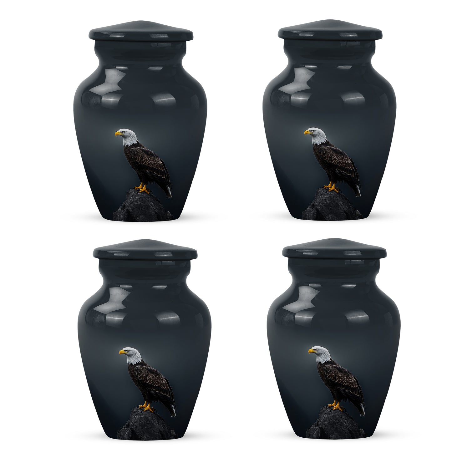 Steel Blue Eagle Cremation Urn side profile showing urn shape - elegant classic eagle relief with fine detailing - 10 inch aluminum urn for cremated remains