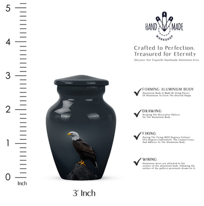 Dusty Blue Eagle Cremation Urn close-up of engraving and surface detail - classic sculpted eagle pattern on smooth aluminum - mini keepsake memorial for portion of cremation ashes