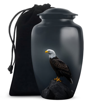 Misty Blue Eagle Cremation Urn angled view of lid and engraved motif - timeless eagle motif etched into premium metal - full-size 10 inch 200 cubic inch adult cremation urn
