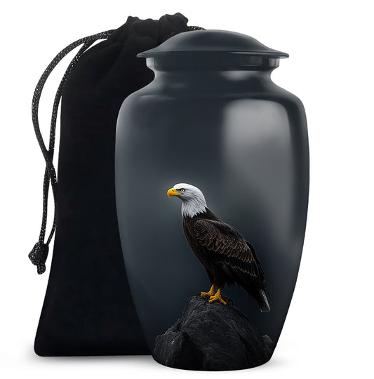 Misty Blue Eagle Cremation Urn angled view of lid and engraved motif - timeless eagle motif etched into premium metal - full-size 10 inch 200 cubic inch adult cremation urn