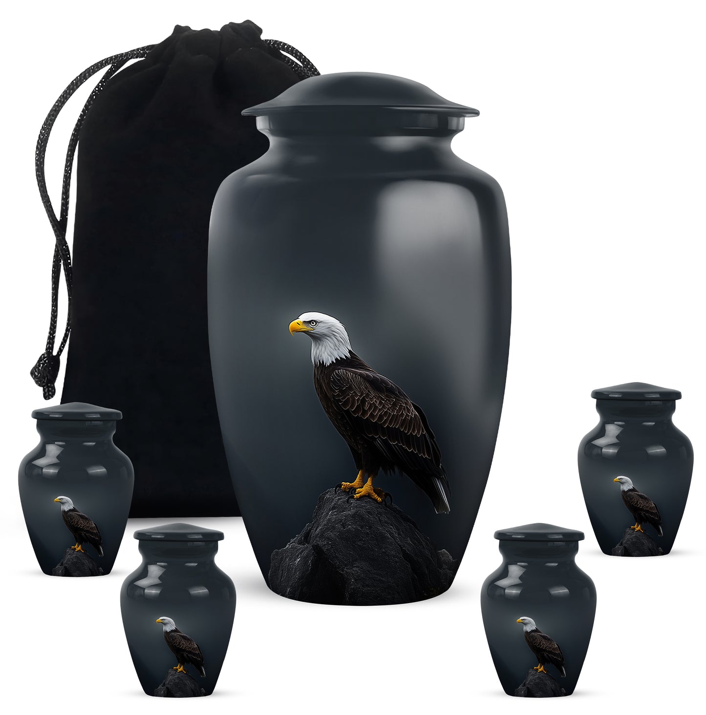 Powder Blue Eagle Cremation Urn top-down view of secure threaded lid - classic sculpted eagle pattern on smooth aluminum - memorial set with one large and four small urns