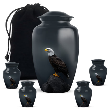 Powder Blue Eagle Cremation Urn top-down view of secure threaded lid - classic sculpted eagle pattern on smooth aluminum - memorial set with one large and four small urns