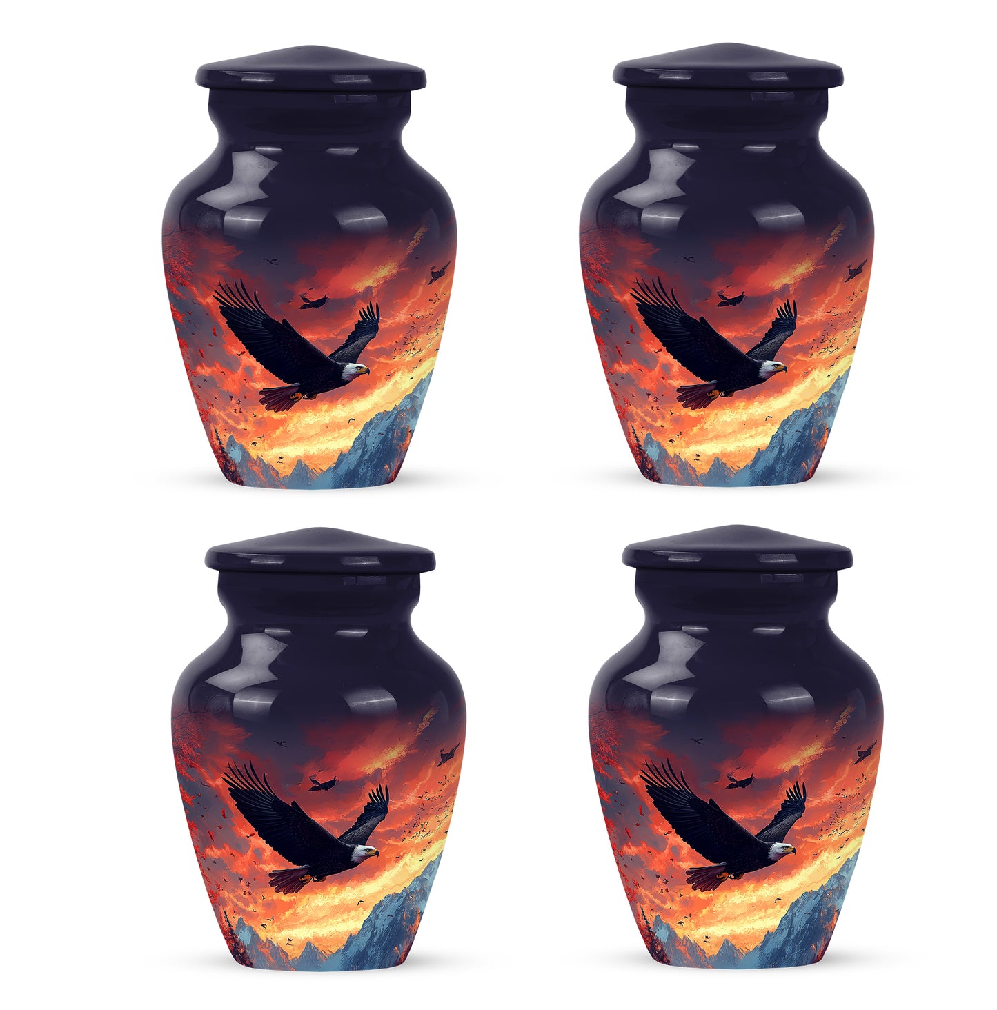 Misty Blue Eagle Cremation Urn side profile showing urn shape - classic sculpted eagle pattern on smooth aluminum - 10 inch aluminum urn for cremated remains