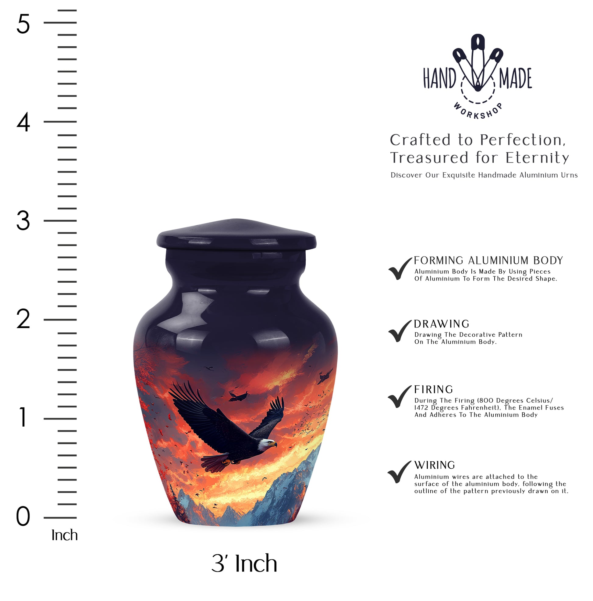 Cornflower Blue Eagle Cremation Urn close-up of engraving and surface detail - elegant classic eagle relief with fine detailing - mini keepsake memorial for portion of cremation ashes