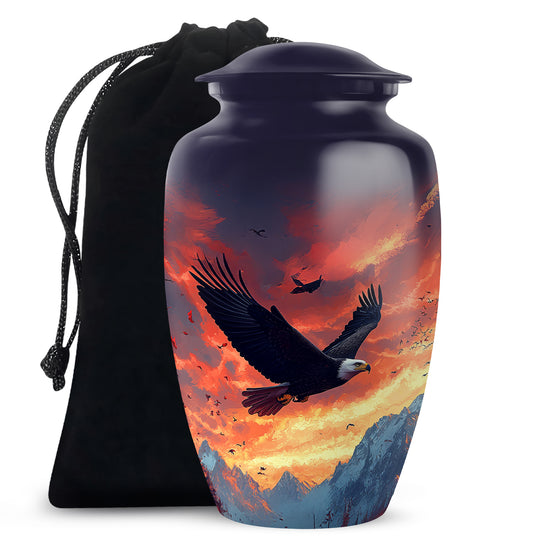 Royal Blue Eagle Cremation Urn angled view of lid and engraved motif - traditional eagle engraving with hand-polished finish - full-size 10 inch 200 cubic inch adult cremation urn