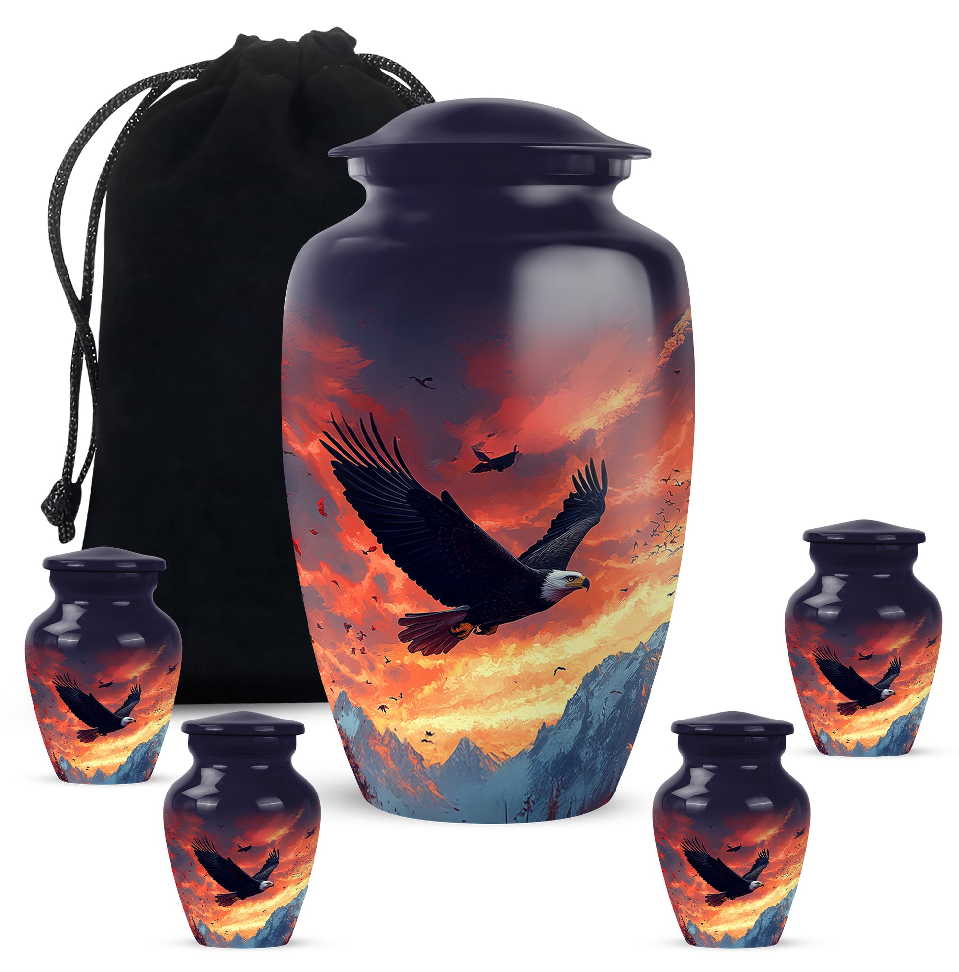Vivid Blue Eagle Cremation Urn top-down view of secure threaded lid - traditional eagle engraving with hand-polished finish - memorial set with one large and four small urns
