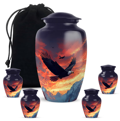 Vivid Blue Eagle Cremation Urn top-down view of secure threaded lid - traditional eagle engraving with hand-polished finish - memorial set with one large and four small urns