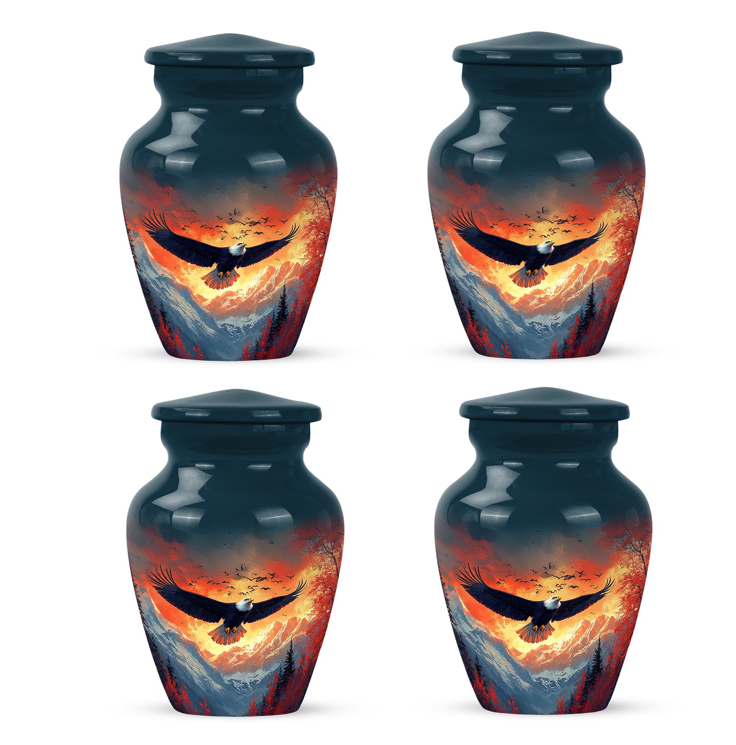 Serene Blue Eagle Cremation Urn side profile showing urn shape - elegant classic eagle relief with fine detailing - 10 inch aluminum urn for cremated remains