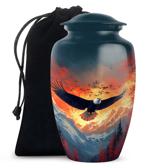 Steel Blue Eagle Cremation Urn angled view of lid and engraved motif - elegant classic eagle relief with fine detailing - full-size 10 inch 200 cubic inch adult cremation urn