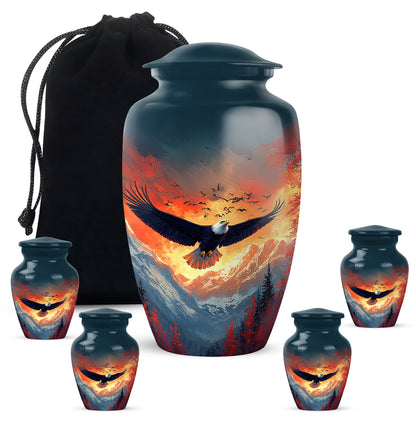 Misty Blue Eagle Cremation Urn top-down view of secure threaded lid - classic sculpted eagle pattern on smooth aluminum - memorial set with one large and four small urns