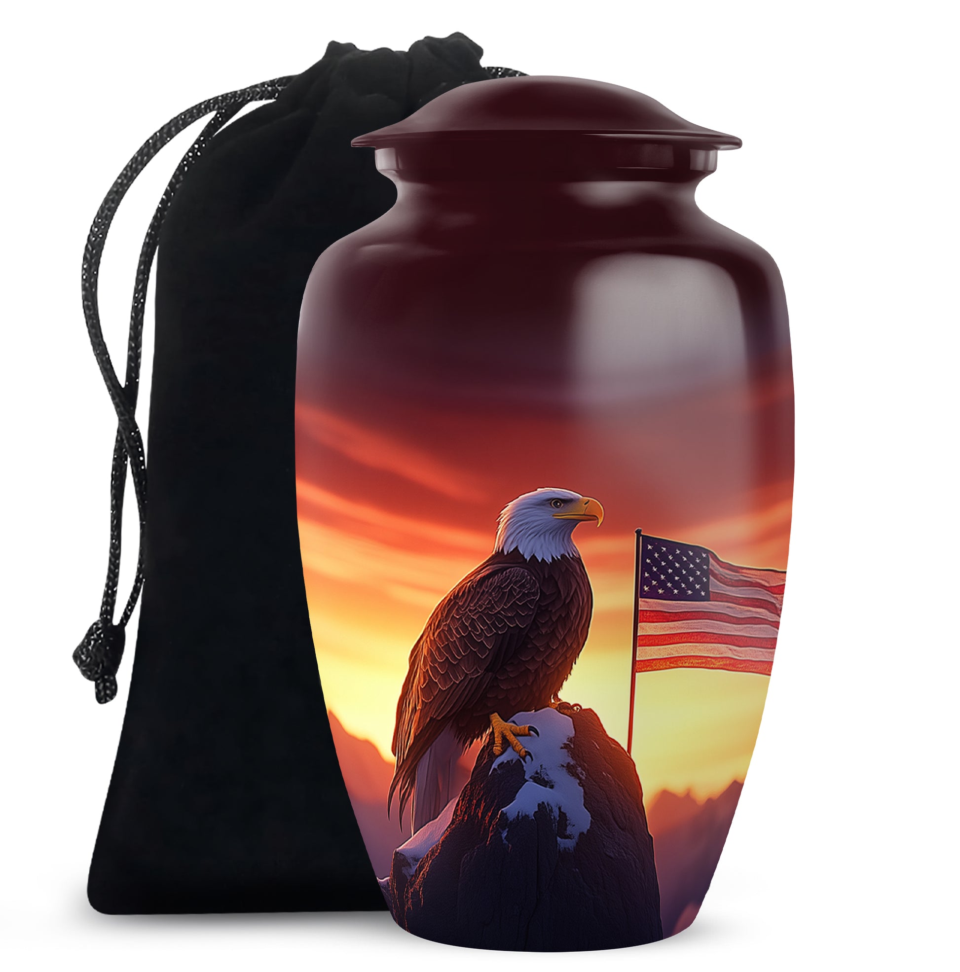 Garnet Red Eagle Cremation Urn angled view of lid and engraved motif - timeless eagle motif etched into premium metal - full-size 10 inch 200 cubic inch adult cremation urn