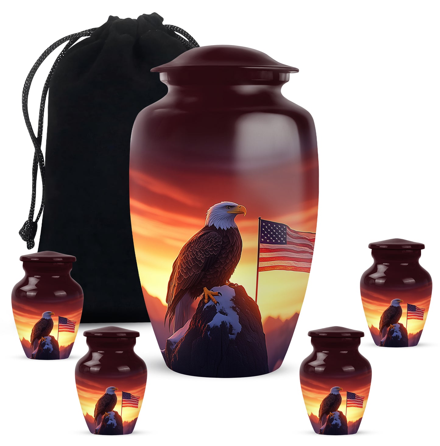 Scarlet Red Eagle Cremation Urn top-down view of secure threaded lid - elegant classic eagle relief with fine detailing - memorial set with one large and four small urns