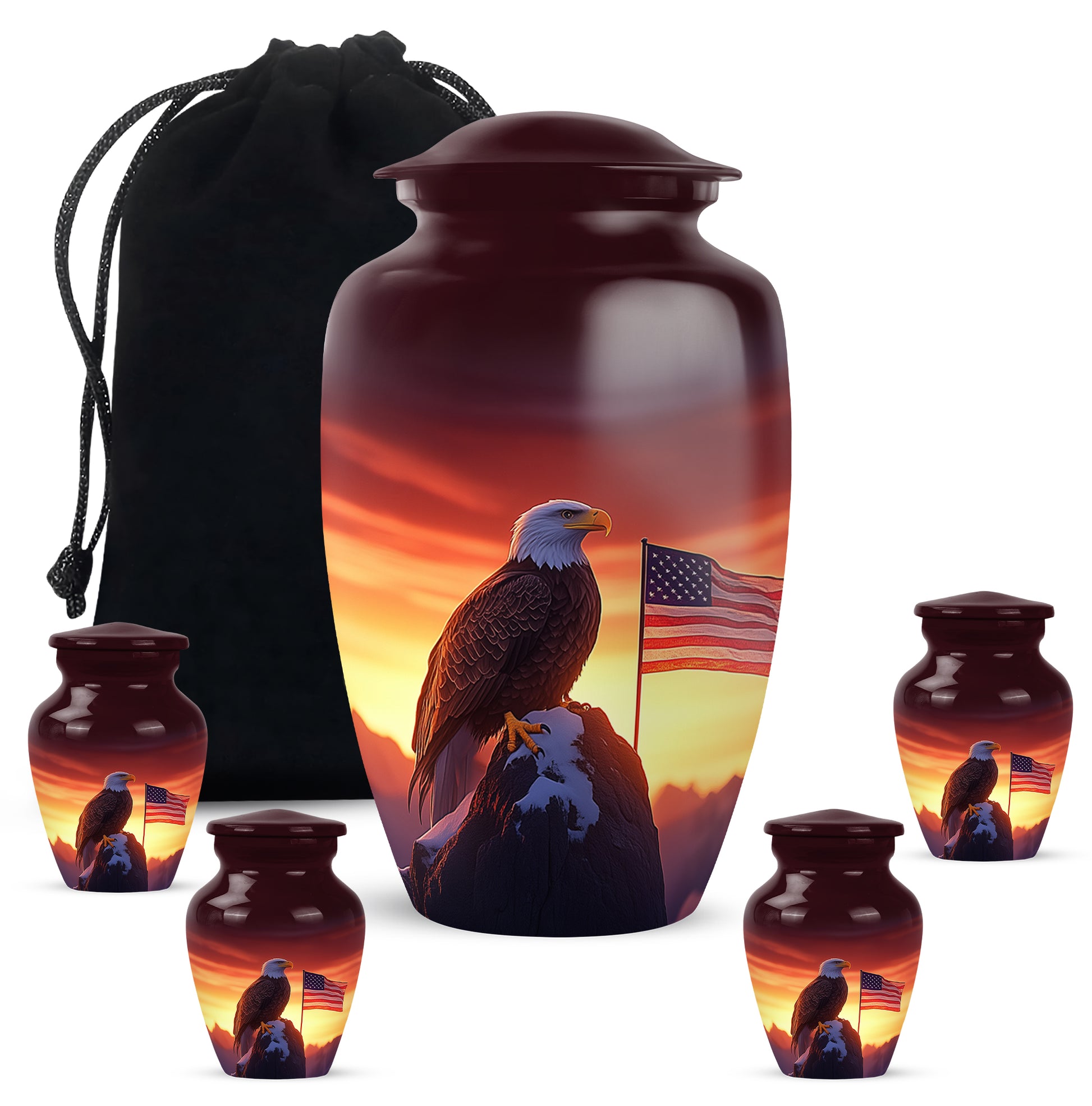 Scarlet Red Eagle Cremation Urn top-down view of secure threaded lid - elegant classic eagle relief with fine detailing - memorial set with one large and four small urns
