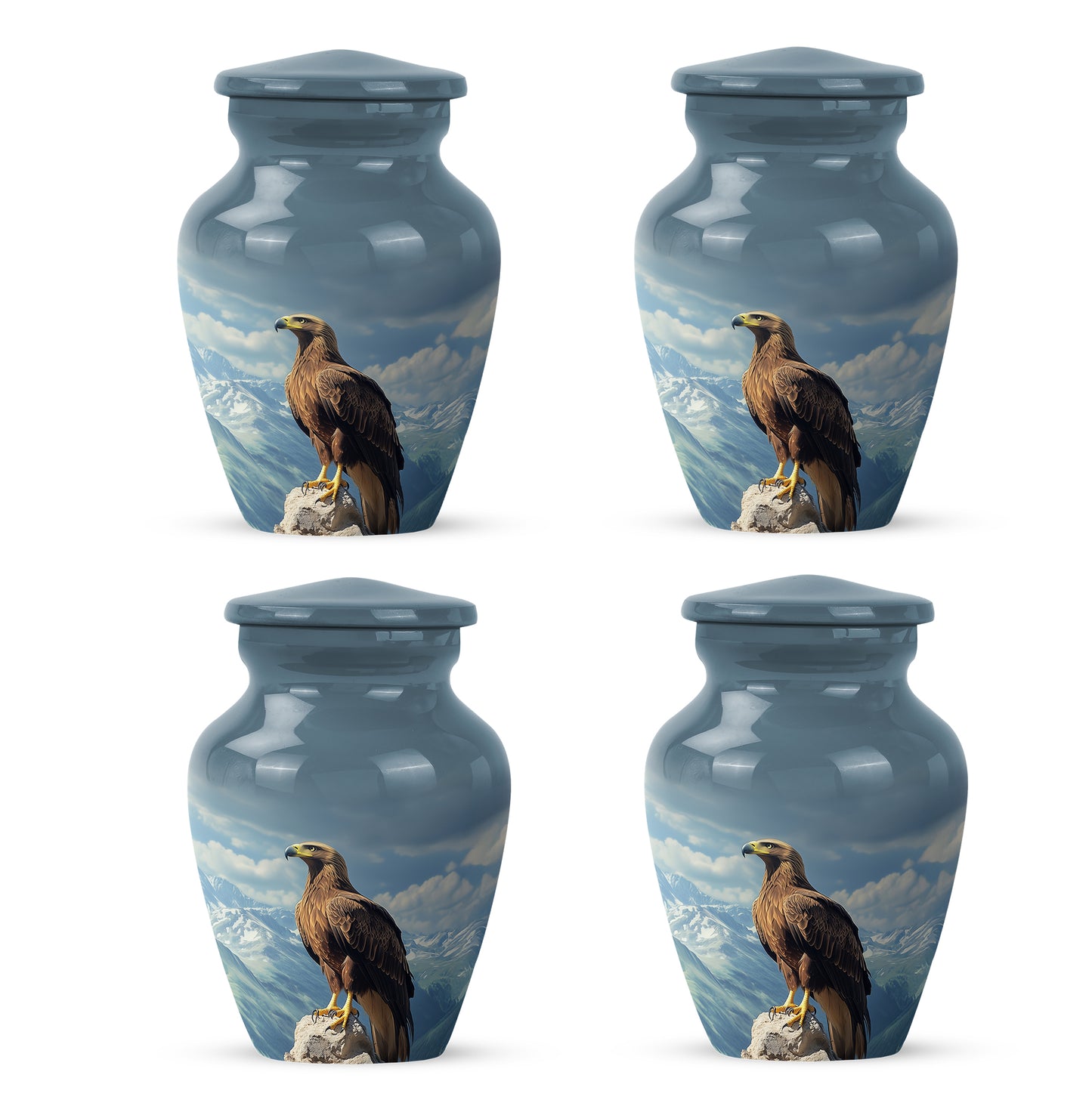 Royal Blue Eagle Cremation Urn side profile showing urn shape - elegant classic eagle relief with fine detailing - 10 inch aluminum urn for cremated remains