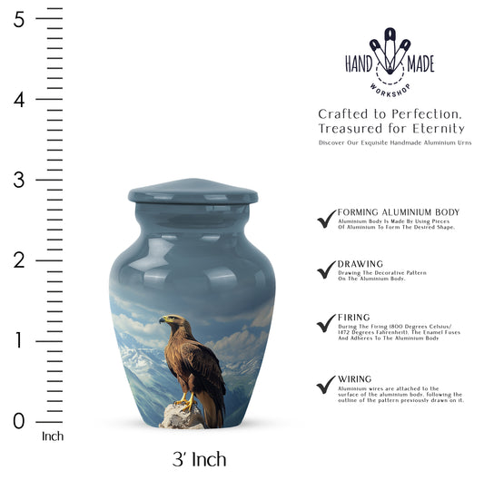 Slate Blue Eagle Cremation Urn close-up of engraving and surface detail - classic sculpted eagle pattern on smooth aluminum - mini keepsake memorial for portion of cremation ashes
