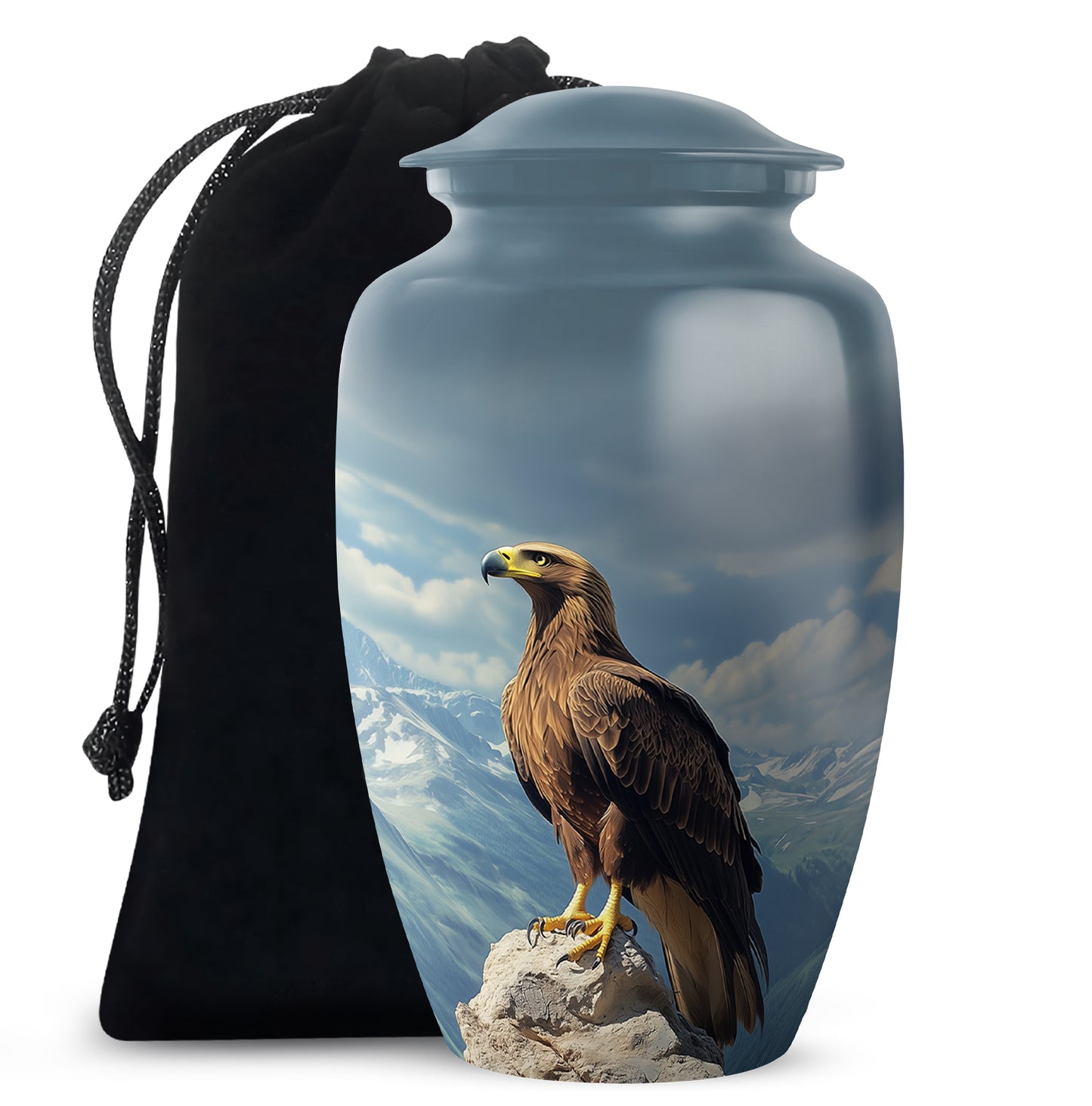 Royal Blue Eagle Cremation Urn angled view of lid and engraved motif - elegant classic eagle relief with fine detailing - full-size 10 inch 200 cubic inch adult cremation urn