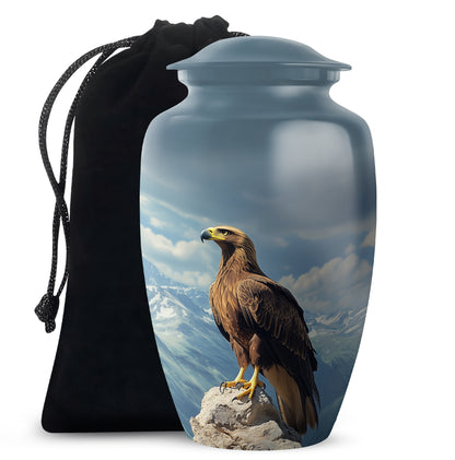 Royal Blue Eagle Cremation Urn angled view of lid and engraved motif - elegant classic eagle relief with fine detailing - full-size 10 inch 200 cubic inch adult cremation urn