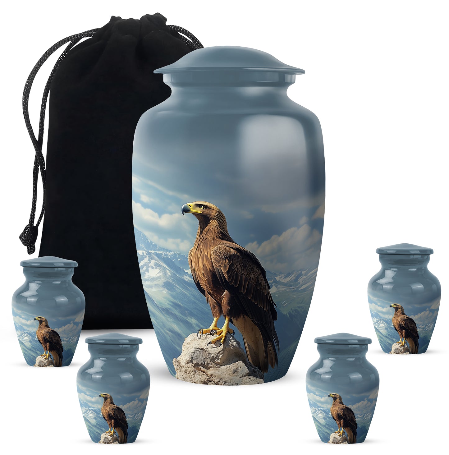 Bright Blue Eagle Cremation Urn top-down view of secure threaded lid - traditional eagle engraving with hand-polished finish - memorial set with one large and four small urns