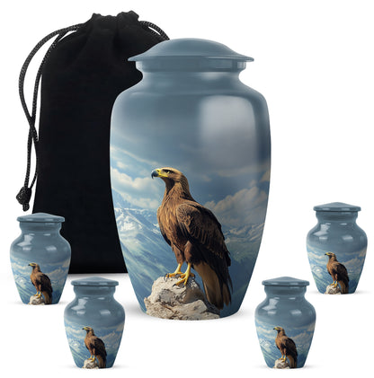 Bright Blue Eagle Cremation Urn top-down view of secure threaded lid - traditional eagle engraving with hand-polished finish - memorial set with one large and four small urns