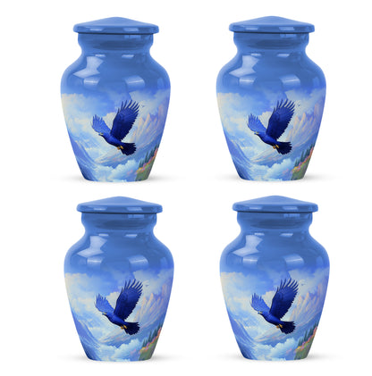 Slate Blue Eagle Cremation Urn side profile showing urn shape - classic sculpted eagle pattern on smooth aluminum - 10 inch aluminum urn for cremated remains
