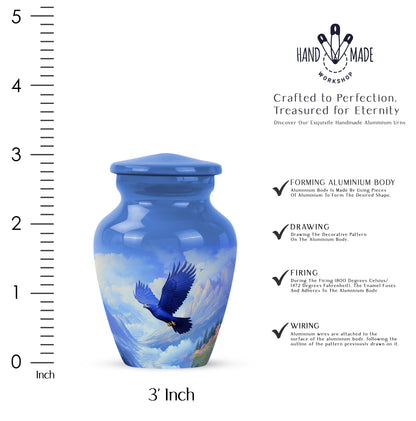 Sky Blue Eagle Cremation Urn close-up of engraving and surface detail - classic sculpted eagle pattern on smooth aluminum - mini keepsake memorial for portion of cremation ashes
