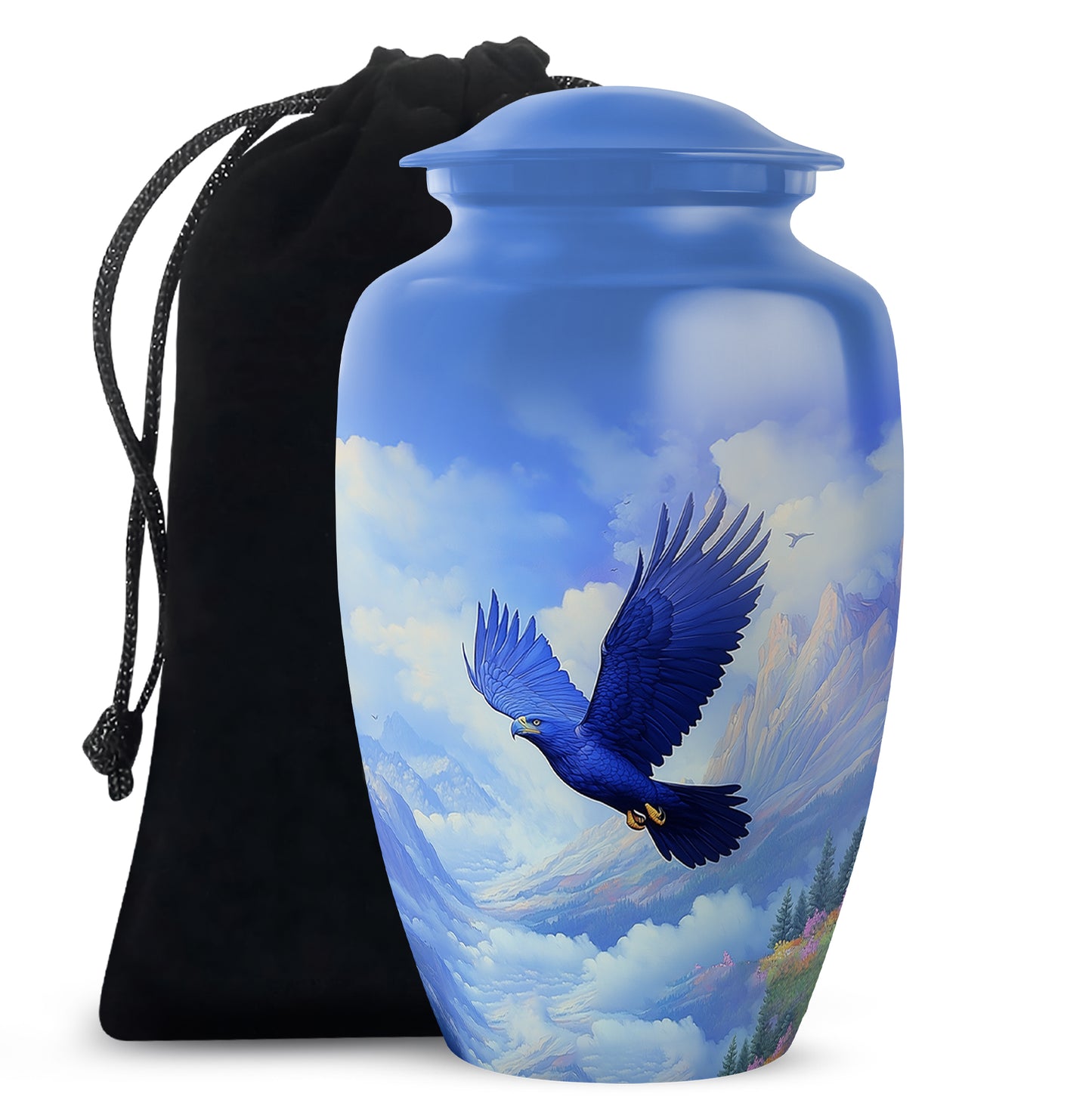 Slate Blue Eagle Cremation Urn angled view of lid and engraved motif - timeless eagle motif etched into premium metal - full-size 10 inch 200 cubic inch adult cremation urn