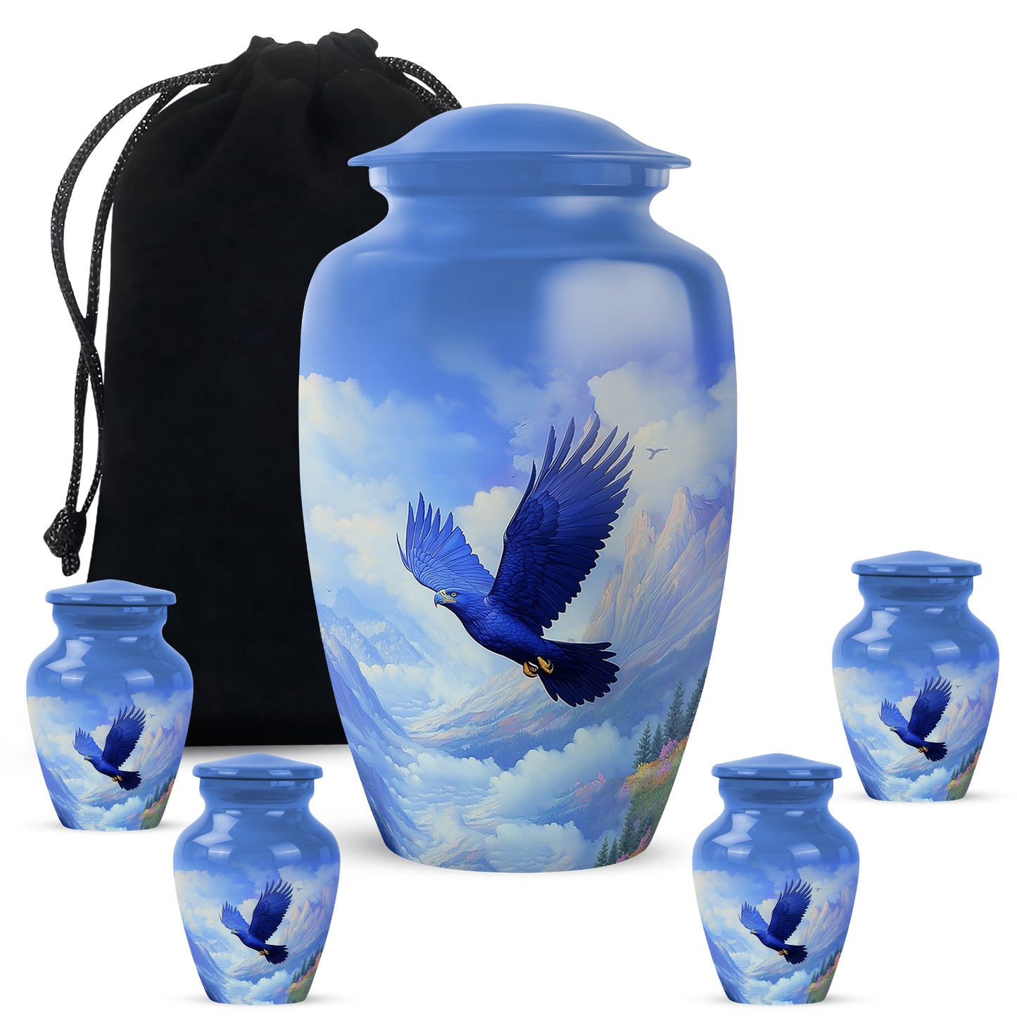 Navy Blue Eagle Cremation Urn top-down view of secure threaded lid - timeless eagle motif etched into premium metal - memorial set with one large and four small urns