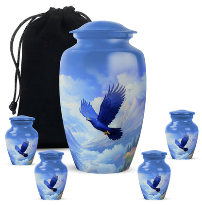 Navy Blue Eagle Cremation Urn top-down view of secure threaded lid - timeless eagle motif etched into premium metal - memorial set with one large and four small urns