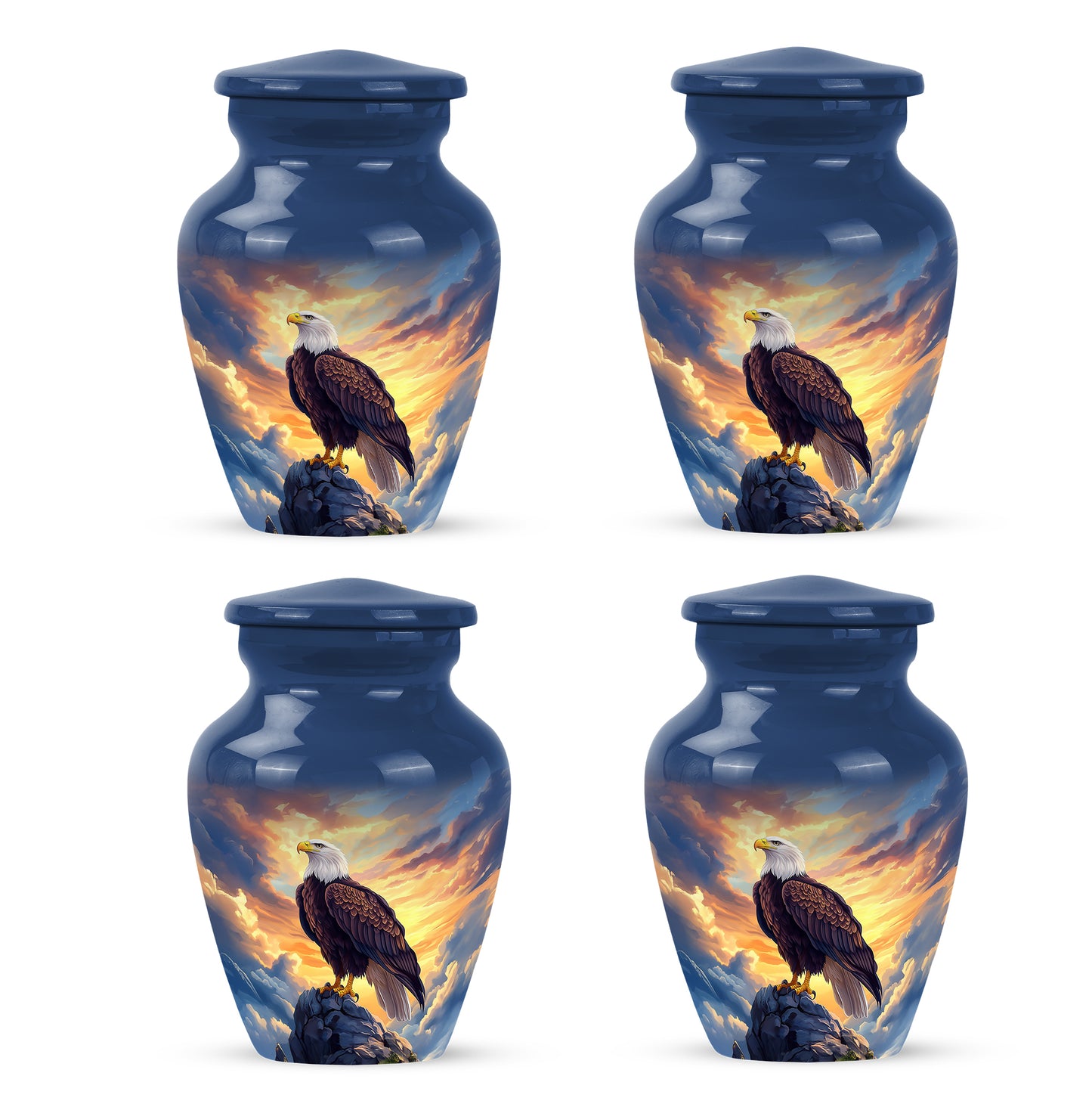 Misty Blue Eagle Cremation Urn side profile showing urn shape - classic sculpted eagle pattern on smooth aluminum - 10 inch aluminum urn for cremated remains