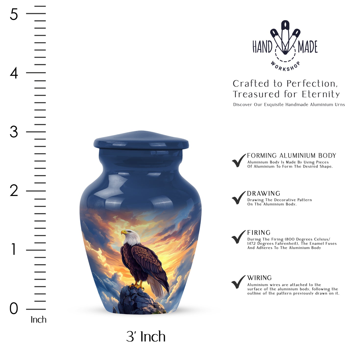 Sky Blue Eagle Cremation Urn close-up of engraving and surface detail - classic sculpted eagle pattern on smooth aluminum - mini keepsake memorial for portion of cremation ashes