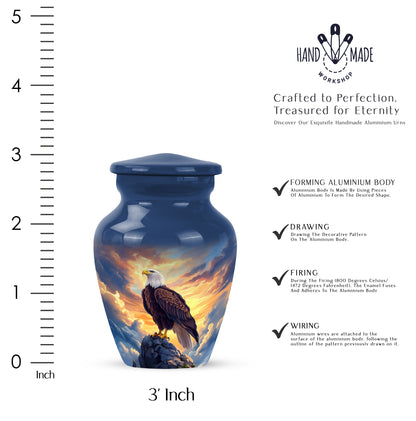 Sky Blue Eagle Cremation Urn close-up of engraving and surface detail - classic sculpted eagle pattern on smooth aluminum - mini keepsake memorial for portion of cremation ashes
