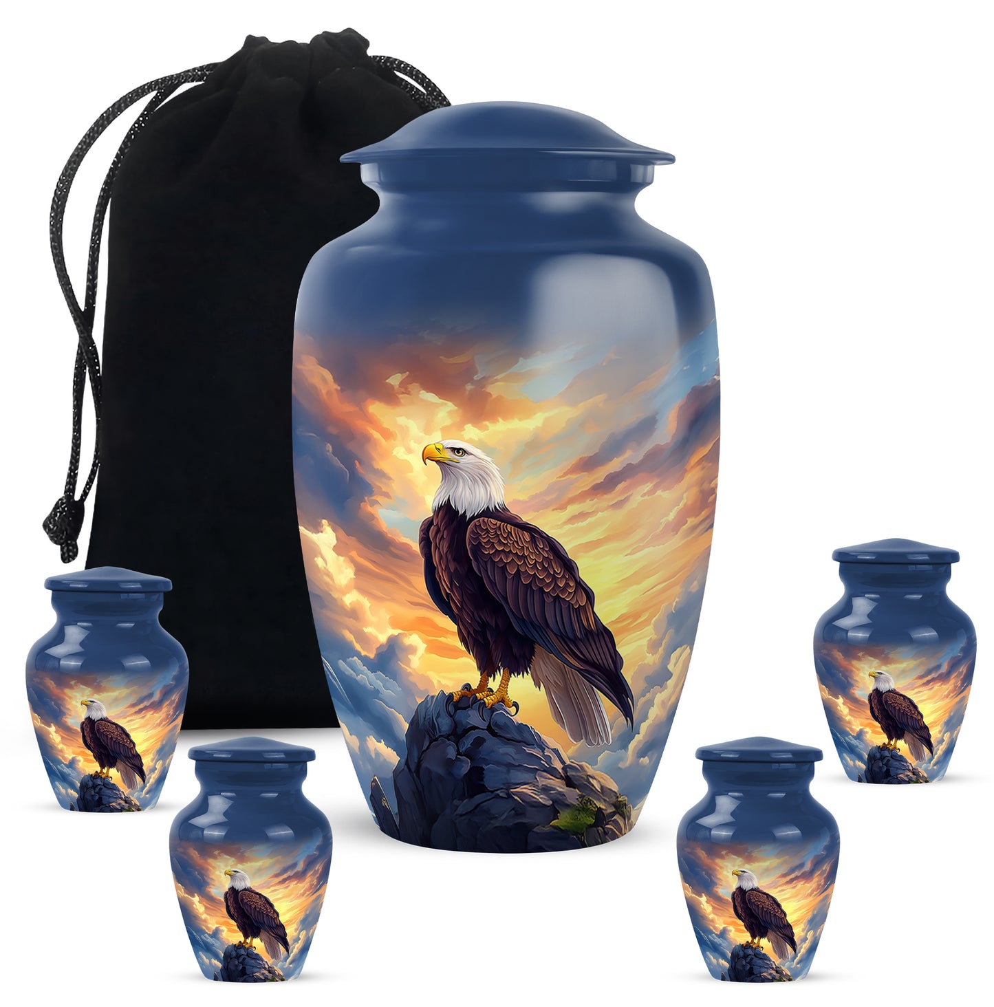 Cornflower Blue Eagle Cremation Urn top-down view of secure threaded lid - traditional eagle engraving with hand-polished finish - memorial set with one large and four small urns