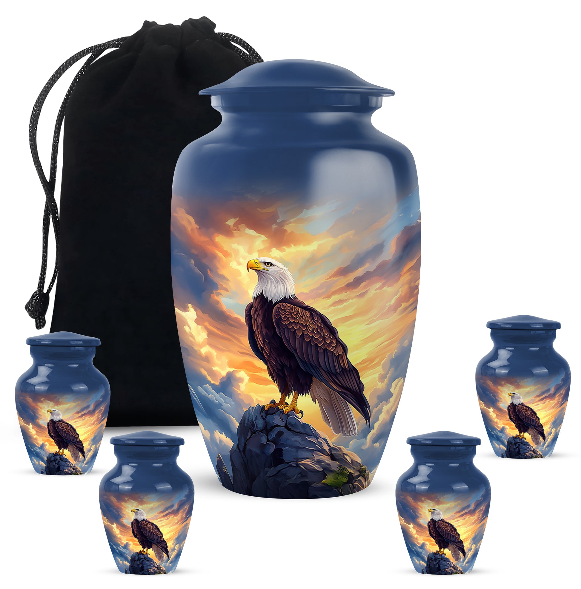 Cornflower Blue Eagle Cremation Urn top-down view of secure threaded lid - traditional eagle engraving with hand-polished finish - memorial set with one large and four small urns