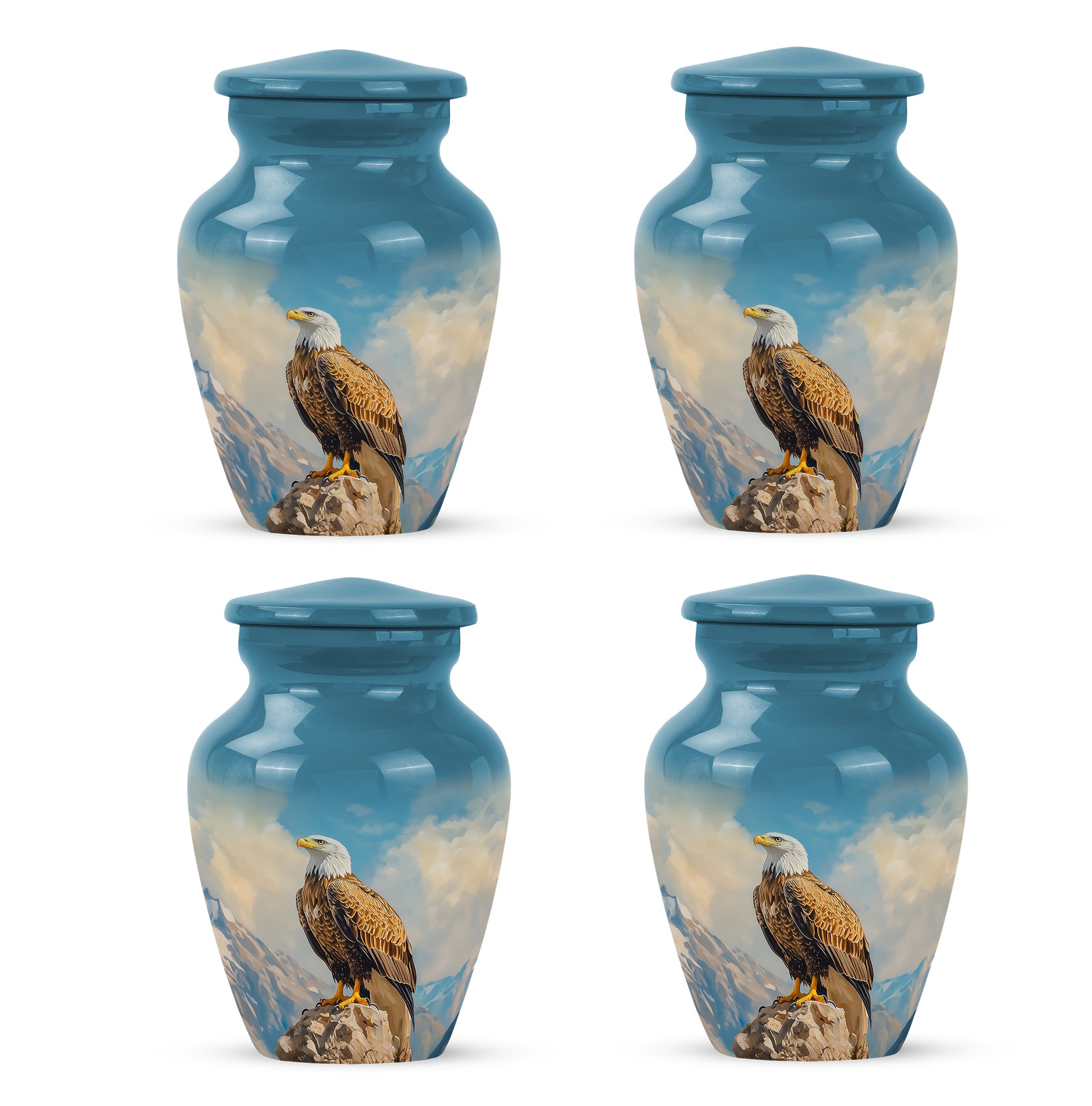 Celestial Blue Eagle Cremation Urn side profile showing urn shape - timeless eagle motif etched into premium metal - 10 inch aluminum urn for cremated remains