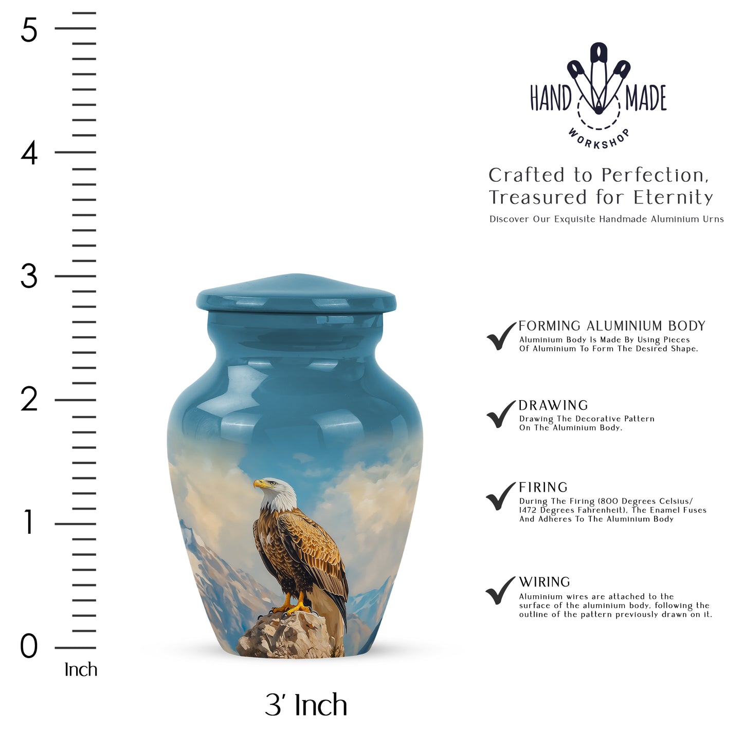 Azure Eagle Cremation Urn close-up of engraving and surface detail - classic sculpted eagle pattern on smooth aluminum - mini keepsake memorial for portion of cremation ashes