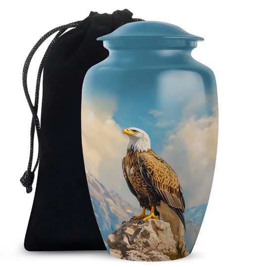 Cobalt Blue Eagle Cremation Urn angled view of lid and engraved motif - elegant classic eagle relief with fine detailing - full-size 10 inch 200 cubic inch adult cremation urn