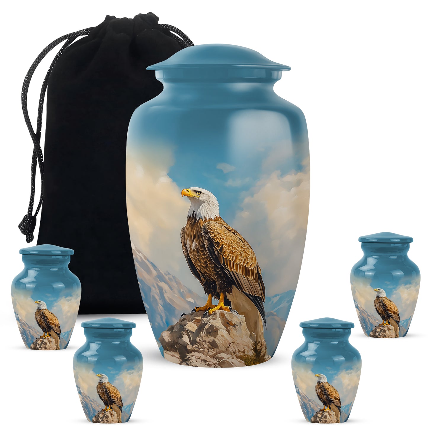 Soft Blue Eagle Cremation Urn top-down view of secure threaded lid - elegant classic eagle relief with fine detailing - memorial set with one large and four small urns