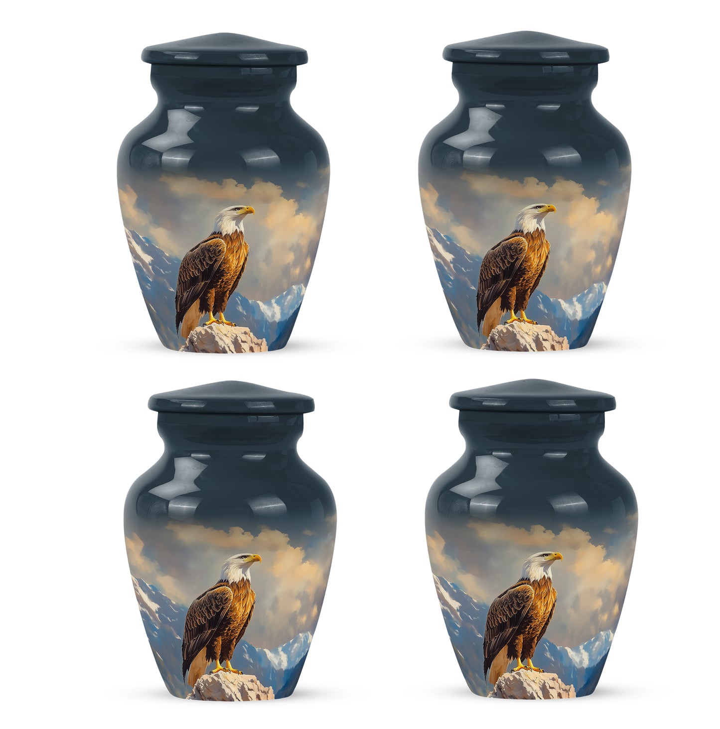 Indigo Eagle Cremation Urn side profile showing urn shape - timeless eagle motif etched into premium metal - 10 inch aluminum urn for cremated remains